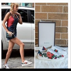 NEW GUCCI Ace Embroidered Floral White Sneakers size 37